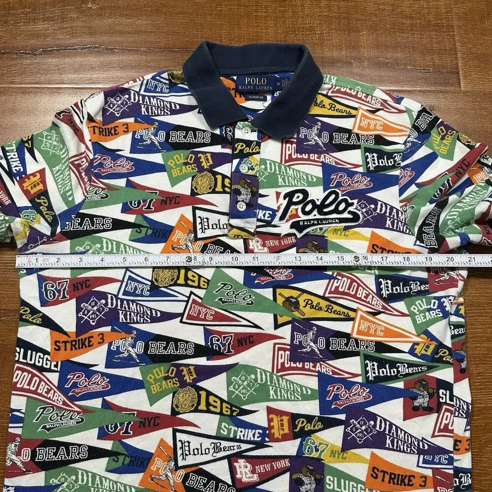 Ralph Lauren Pennant Flag Polo Shirt Mens M All Over Print AOP Baseball Bear